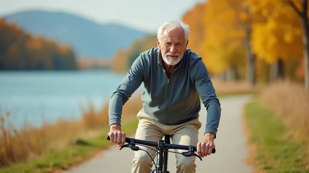 Senioris uz velosipēda pie Āraišu ezera, rudens lapas, skaisti skati